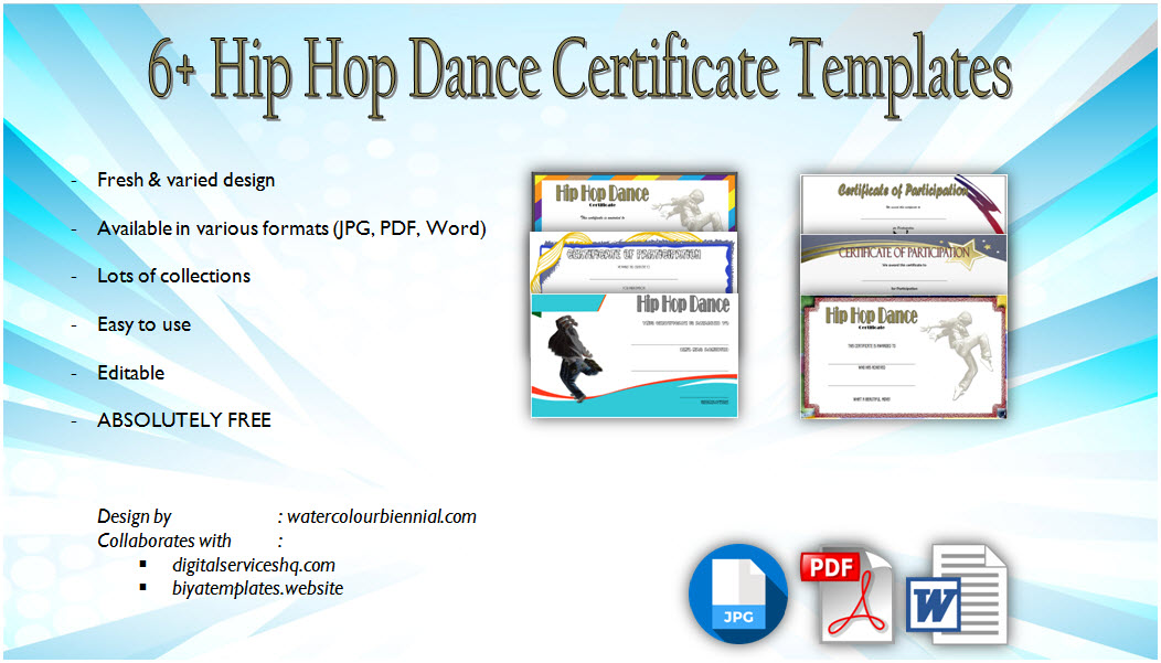 Free download hip hop certificate template pdf, dance award certificate templates for word, printable certificates, dance competition, street dance etc.