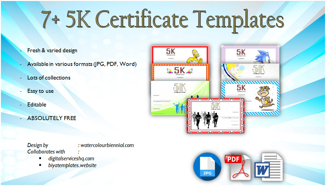 Download 5k race certificate template, participation, marathon, winner, printable running certificates, finisher, fun run, running achievement free!