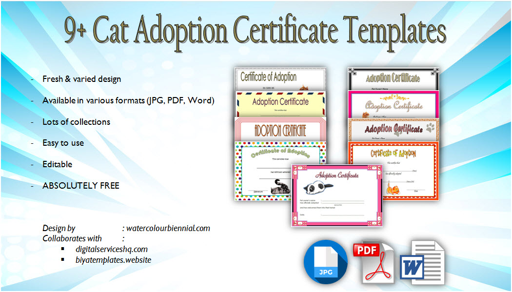 Download 9+ Cat Adoption Certificate Editable Templates free! Pet, kitten, pdf, word, printable, party, stuffed animal, unicorn, teddy bear.