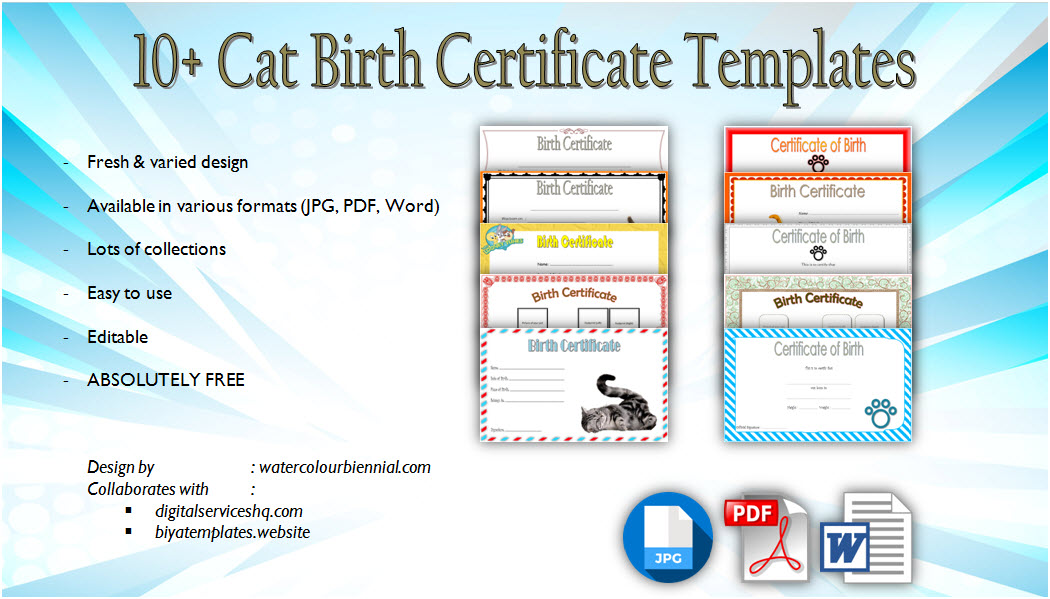 Kitten Birth Certificate Template with 10 Cute Designs free download. Cat, pet, uk, editable, fillable, printable, pdf, microsoft word format.