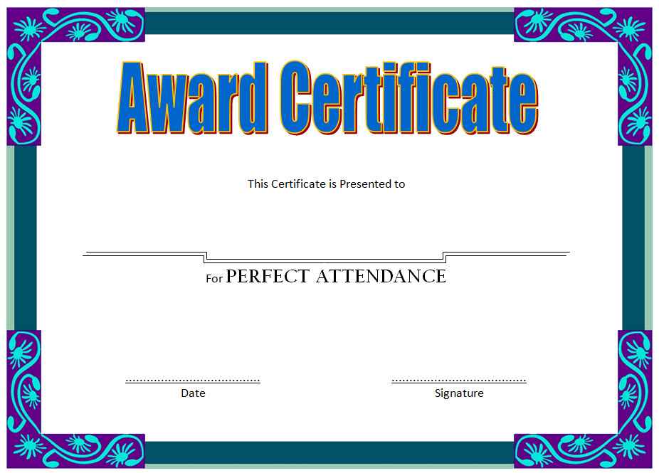 Printable Free Perfect Attendance Certificate Word Template Printable
