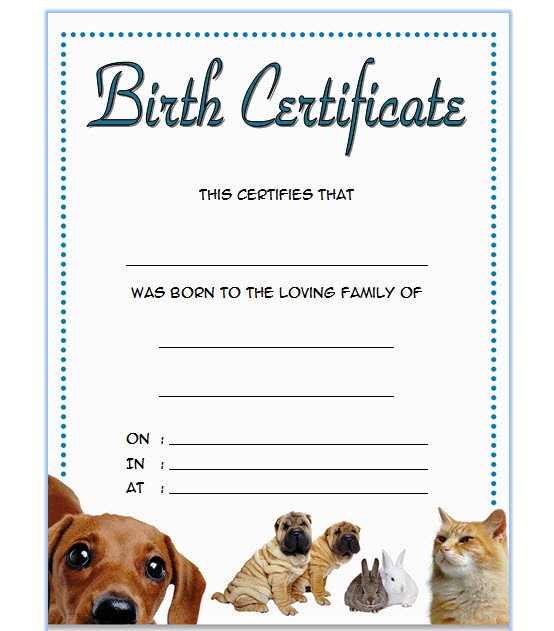 Pet Birth Certificate Templates Fillable 7 BEST DESIGNS FREE Fresh Professional Templates